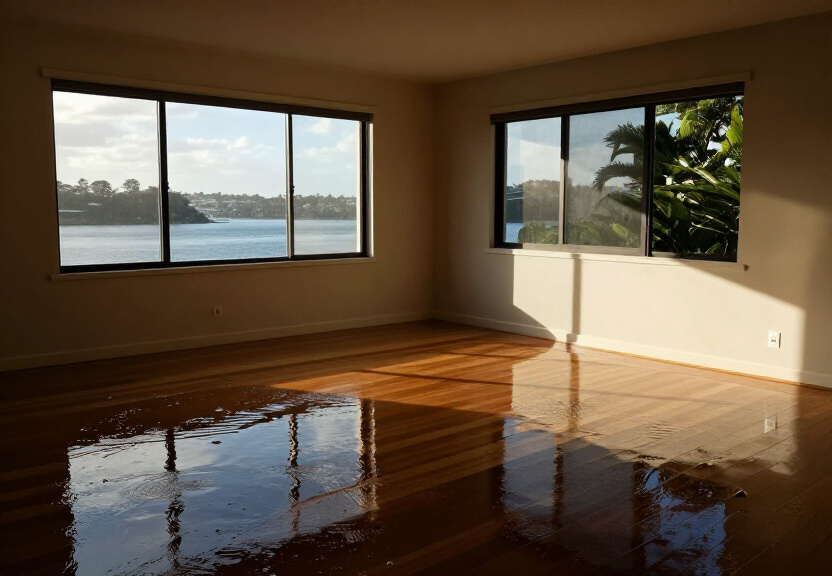 Flooded living room in Minto Heights before restoration